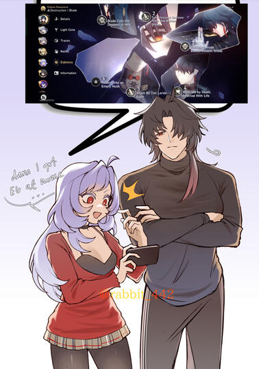Milk seems to be aware they are in a "game" realm of sorts and jokes as if this is common knowledge. She shares such a trait with Silverwolf. Her husband pretends to understand. Milk seems to be aware they are in a "game" realm of sorts and jokes as if this is common knowledge. She shares such a trait with Silverwolf. Her husband pretends to understand.